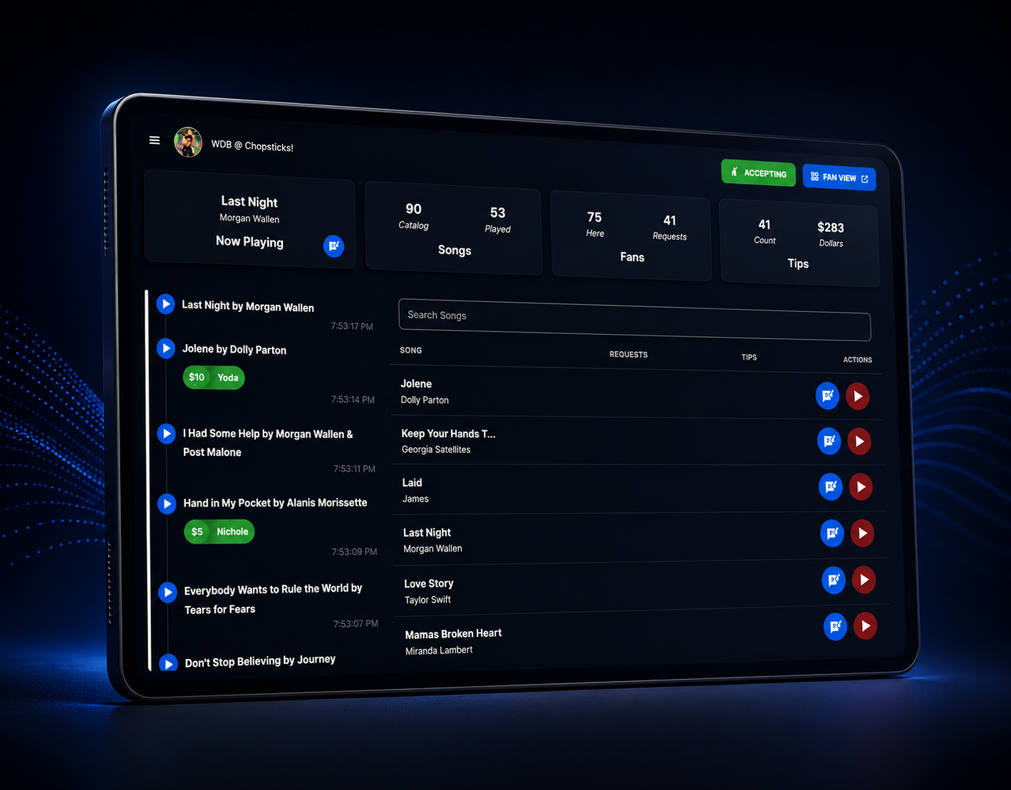 TipTunes product preview showing the performer StageManager and the fan song-request experience.