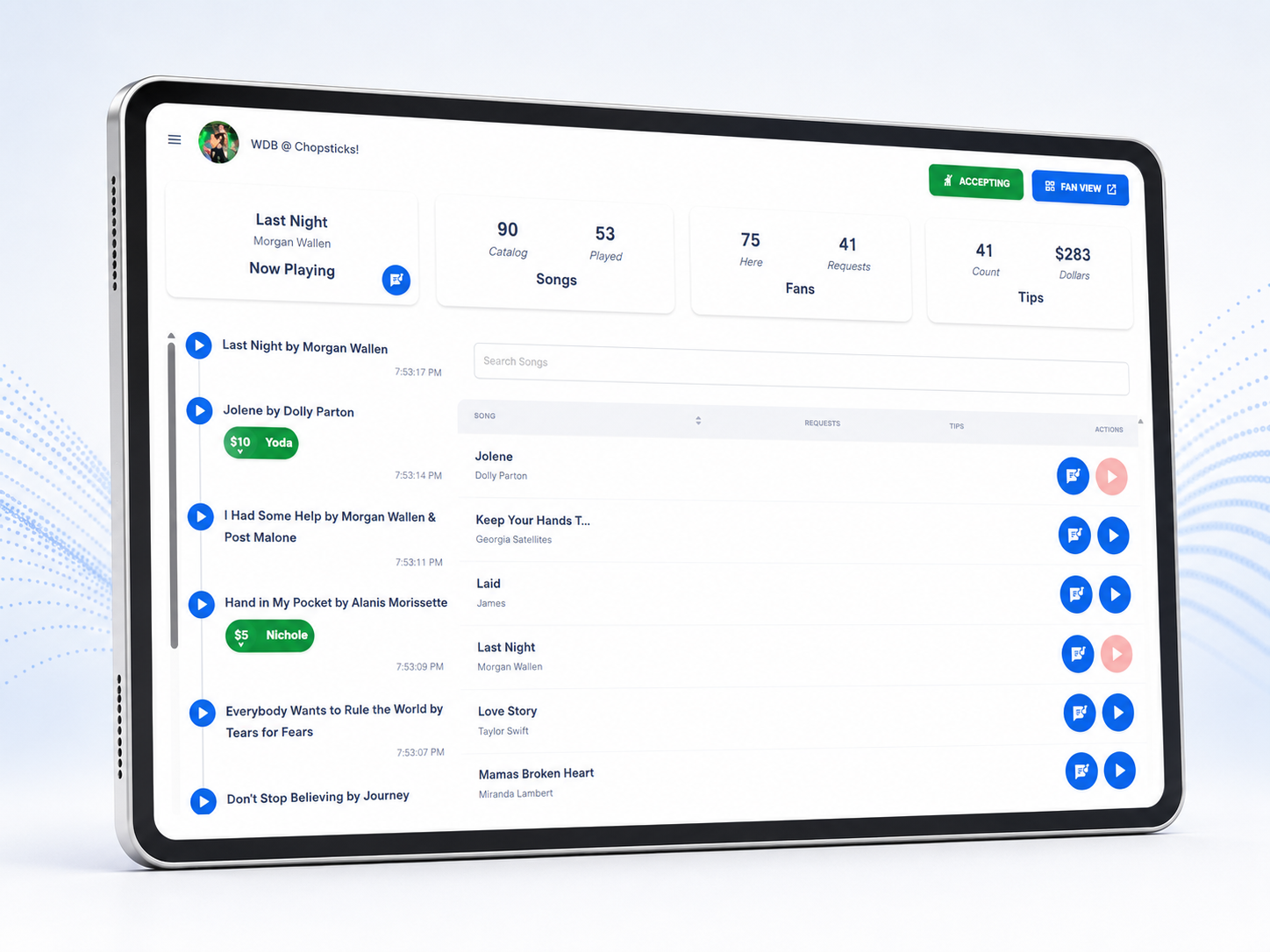 TipTunes product preview showing the performer StageManager and the fan song-request experience.